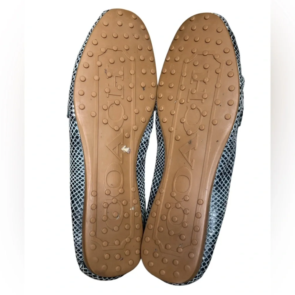 Coach Fredrica blue iridescent snake print leather logo loafers Y2K